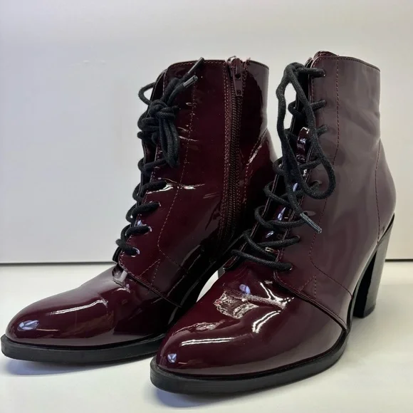 Forever 21 Faux Patent Leather Lace-Up Booties Burgundy Size 6 - Picture 2 of 8